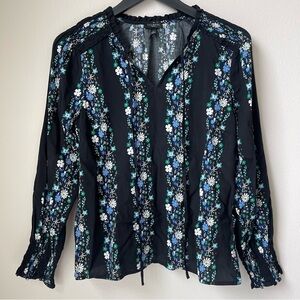 Talbots Tie Neck Smocked Top Floral Stripe